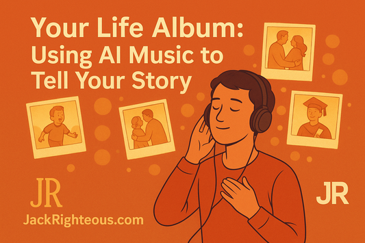Orange-themed blog cover titled "Your Life Album: Using AI Music to Tell Your Story" featuring a person with headphones surrounded by illustrated photo memories of childhood, love, milestones, and growth, branded with JR and JackRighteous.com.