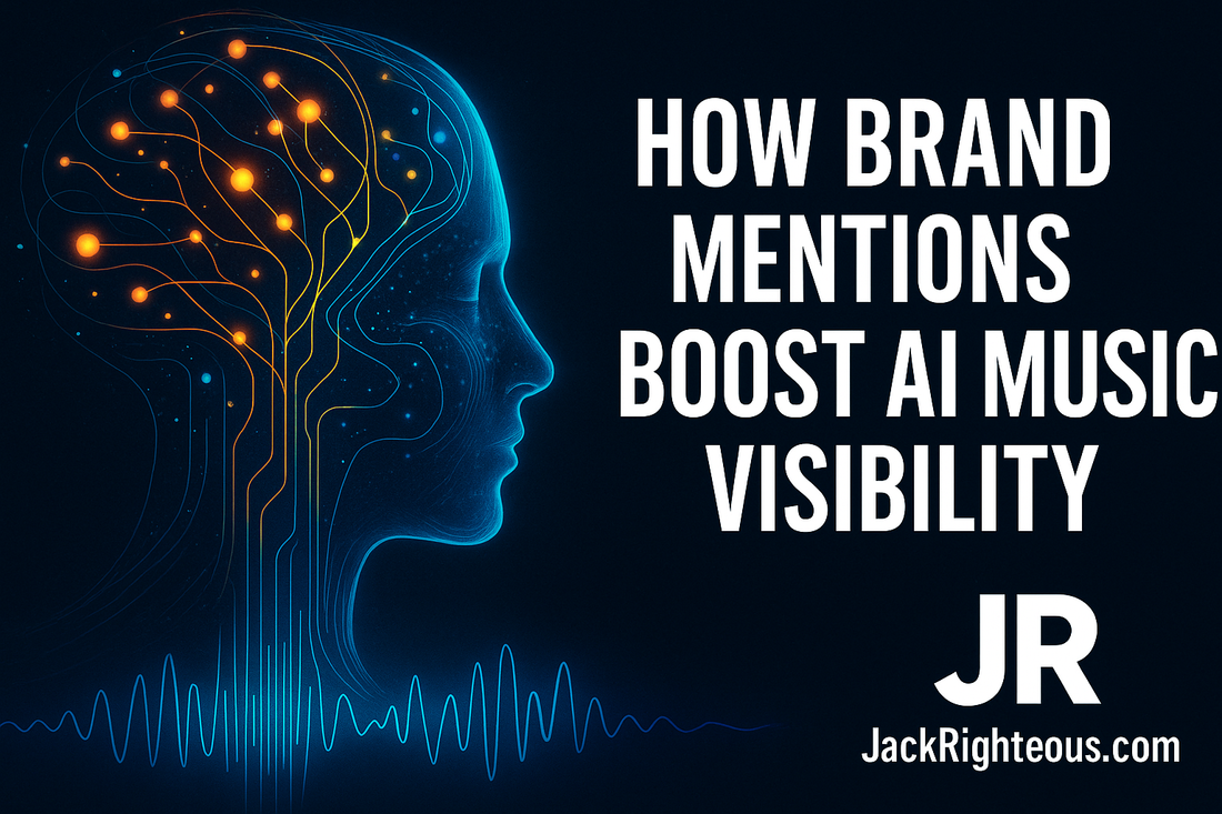 Futuristic 16:9 blog cover showing a glowing AI neural network forming a human head beside sound waves, with bold white text ‘How Brand Mentions Boost AI Music Visibility,’ JR and JackRighteous.com branding.