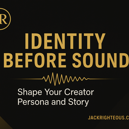 JR hero cover (16:9) for “Identity Before Sound”—black and gold headline, subtle waveform, creator persona theme, The Righteous Beat tagline, JackRighteous.com.