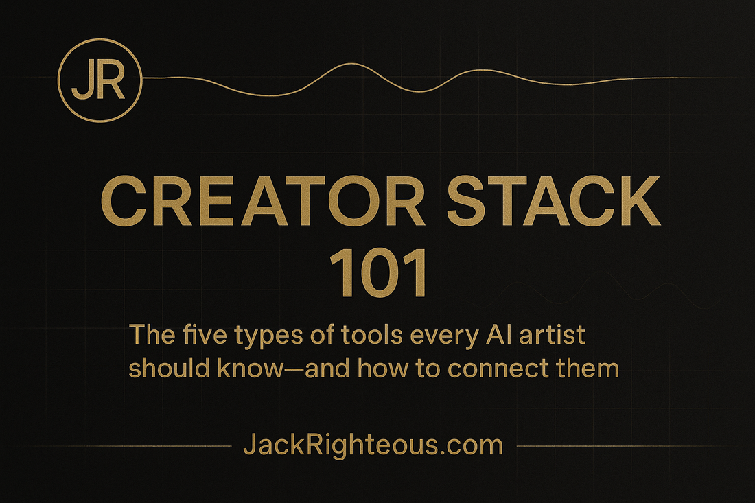 JR hero cover (16:9) for “Creator Stack 101” — black-and-gold headline, subtle waveform and tool icons (music, writing, visuals, design, distribution); The Righteous Beat tagline; JackRighteous.com