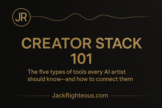 JR hero cover (16:9) for “Creator Stack 101” — black-and-gold headline, subtle waveform and tool icons (music, writing, visuals, design, distribution); The Righteous Beat tagline; JackRighteous.com