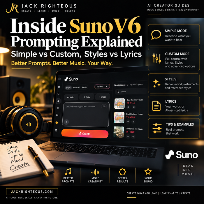 Inside Suno V6 Prompting Explained — Simple vs Custom, Styles vs Lyrics — Jack Righteous