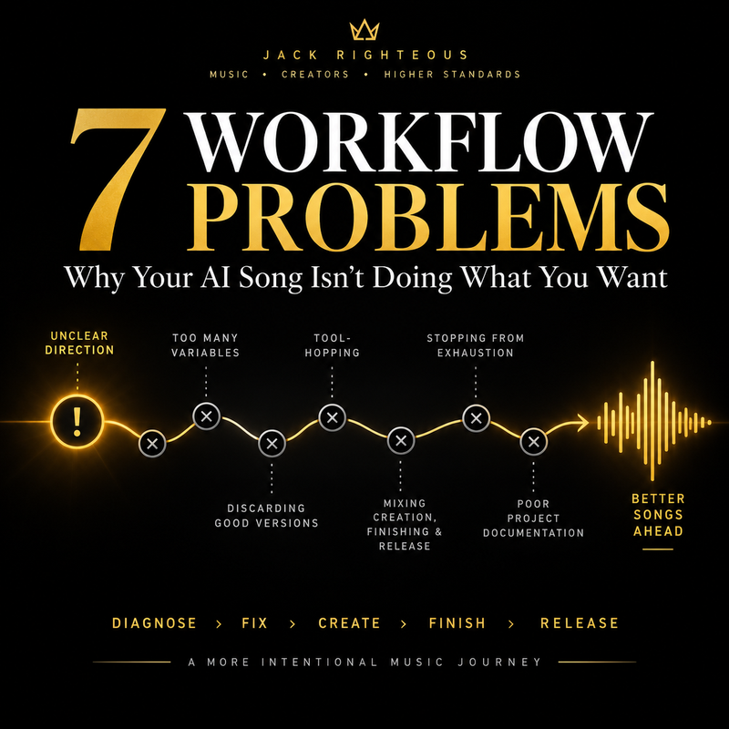 AI music workflow troubleshooting guide covering seven problems in direction, prompting, comparison, revision and finishing
