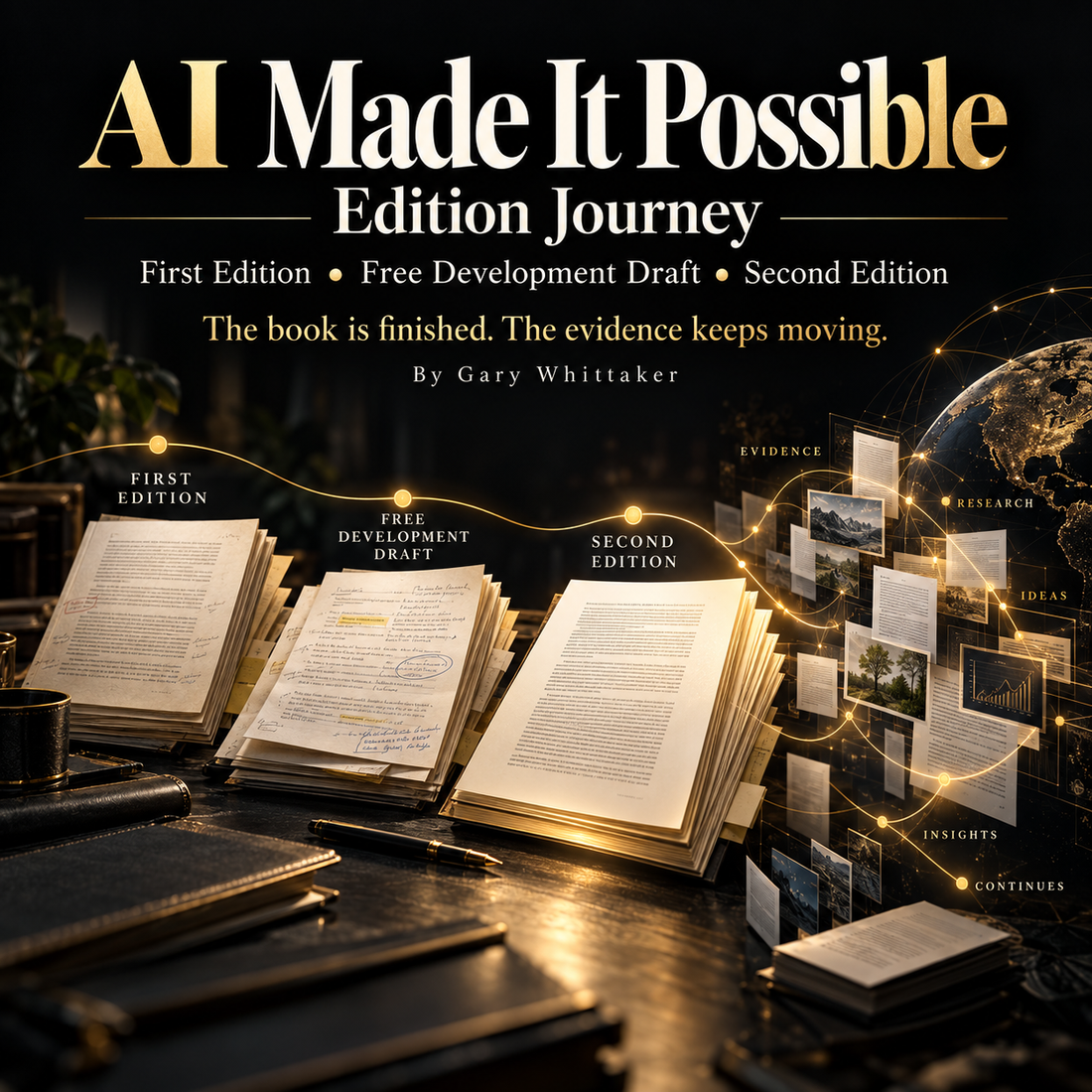 AI Made It Possible edition journey showing the First Edition, free development draft and completed Second Edition with continuing research and evidence.