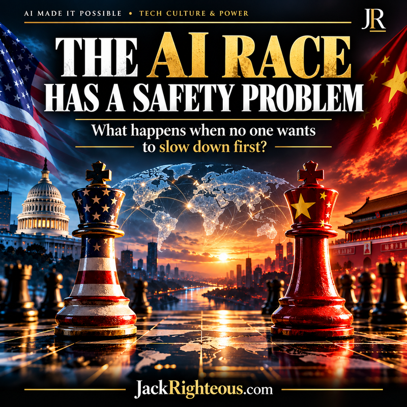 Jack Righteous cover for The AI Race Has a Safety Problem, showing U.S. and China competition, AI power and the challenge of building safety inside the race.