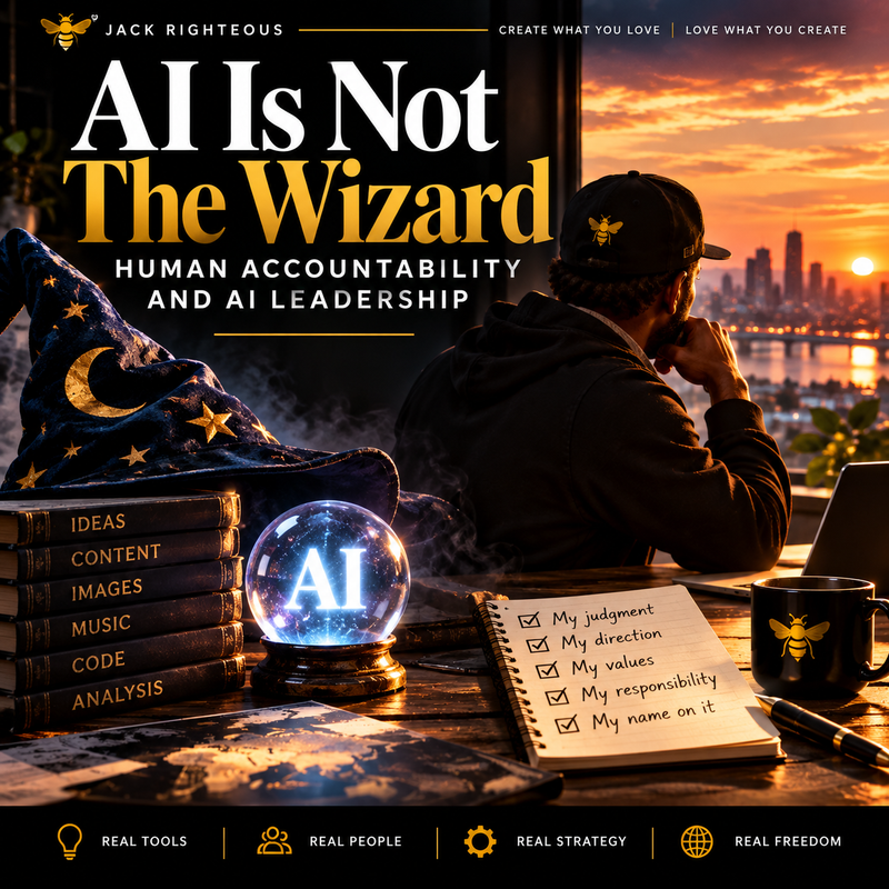 Jack Righteous cover for AI Is Not the Wizard, showing human accountability, AI leadership and the need for judgment, checkpoints and oversight around powerful tools.