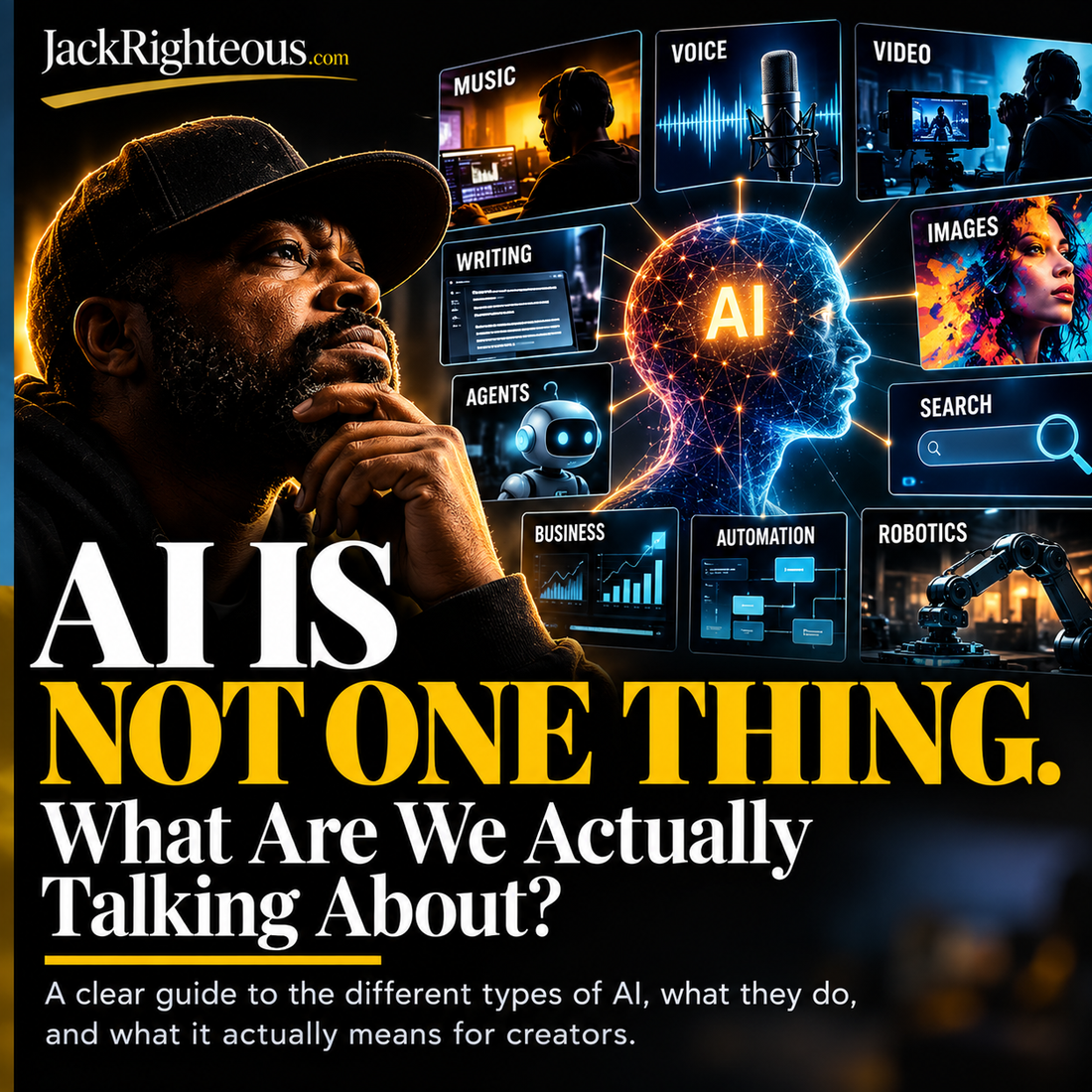Jack Righteous explanatory cover about different meanings and types of artificial intelligence.