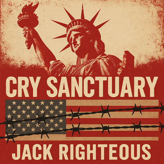 Cry Sanctuary album cover by Jack Righteous — distressed vintage design featuring Statue of Liberty, barbed wire, and U.S. flag, symbolizing freedom, struggle, and country storytelling.
