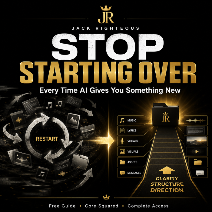 Promotional graphic for 'Stop Starting Over' by Jack Righteous with a black background and gold text.