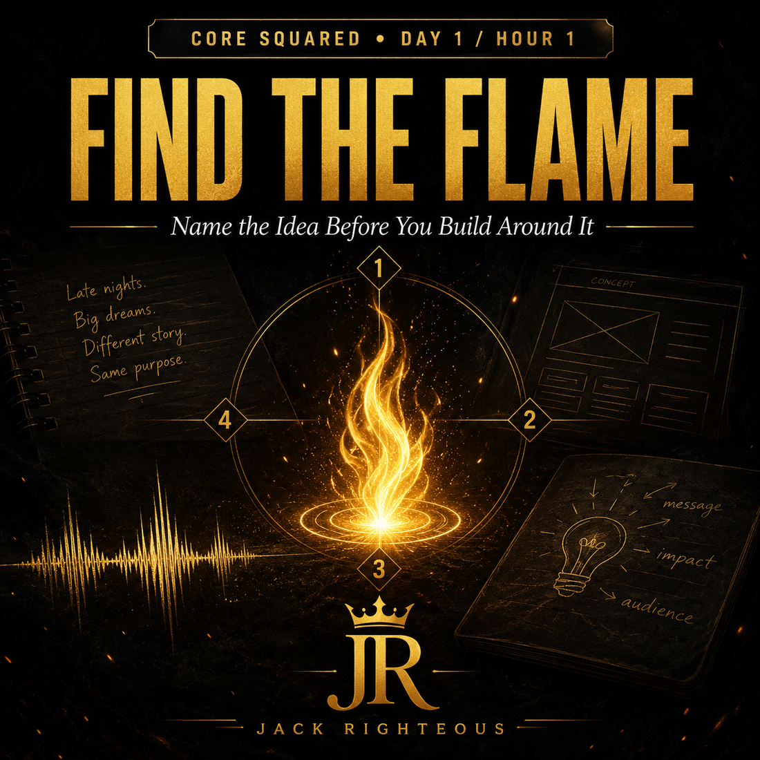 Book cover of 'Find the Flame' by Jack Righteous with a glowing flame design on a dark background.