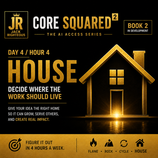 Promotional graphic for 'Core Squared 2' by Jack Righteous with a house illustration and motivational text.