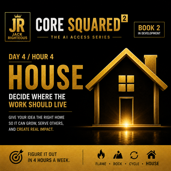 Promotional graphic for 'Core Squared 2' by Jack Righteous with a house illustration and motivational text.