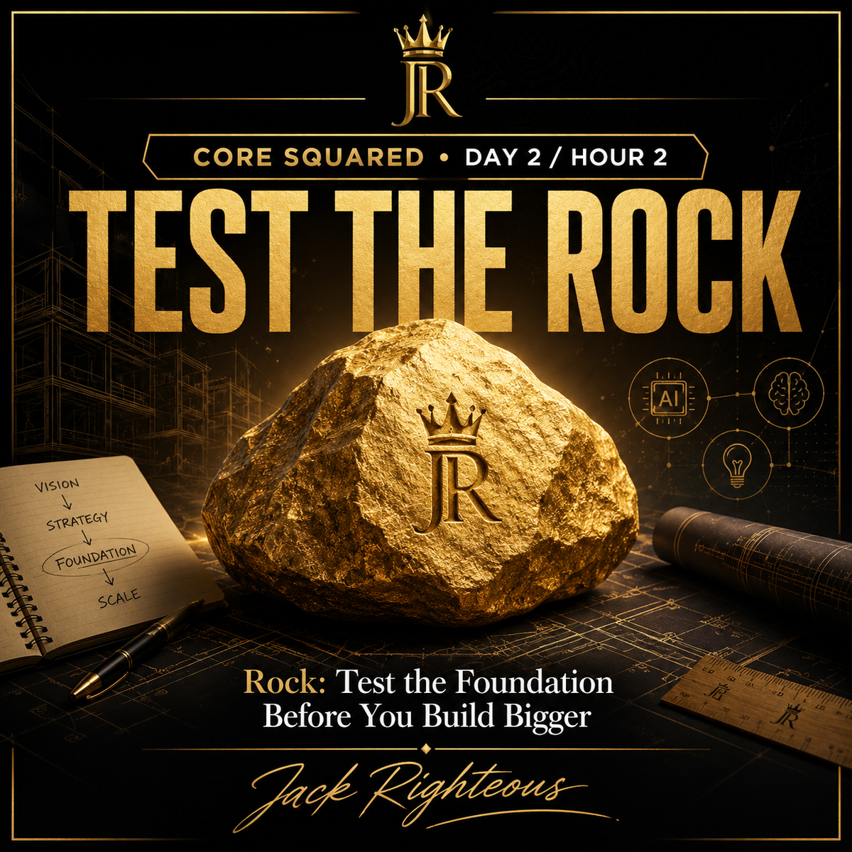 Promotional graphic for 'Test the Rock' with a large stone and notebook on a dark background.