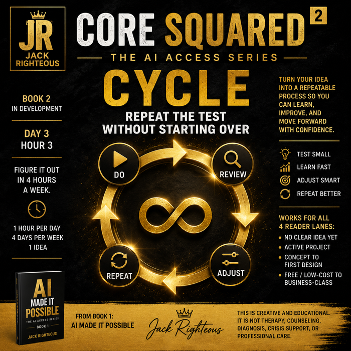 Promotional graphic for 'Core Squared 2' by Jack Righteous with a cycle diagram and text on a dark background.