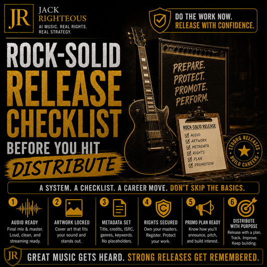 Promotional graphic for a rock-solid release checklist with guitar and amplifier on a dark background.
