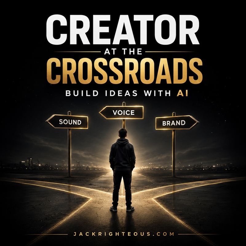 Person standing at a crossroads with signs for sound, voice, and brand, against a dark sky.