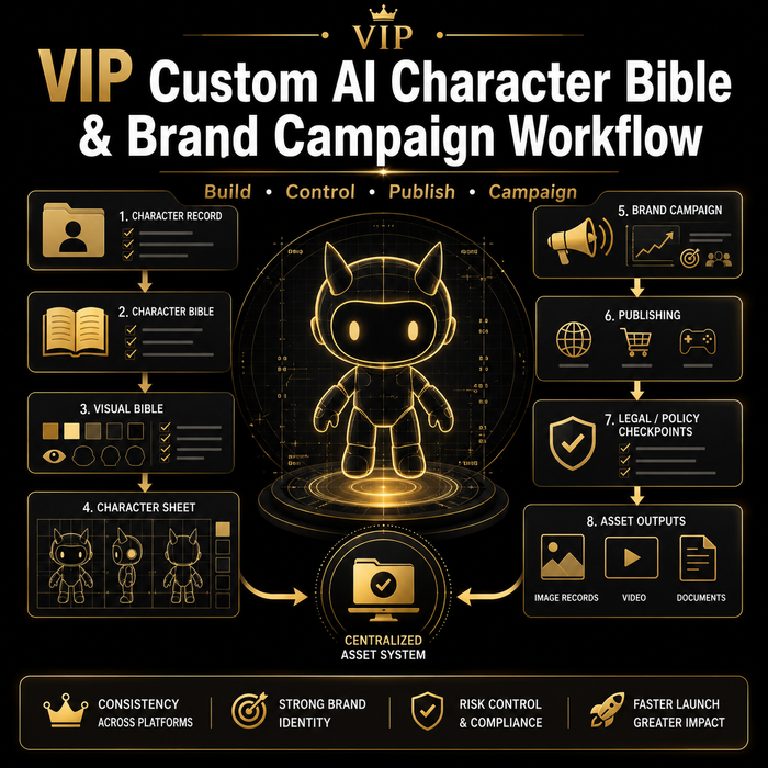 VIP Custom AI Character Bible & Brand Campaign Workflow diagram with character design and workflow steps.