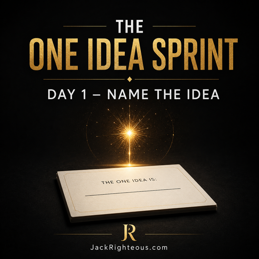 Promotional graphic for 'The One Idea Sprint' with a sparkly light and text on a dark background.