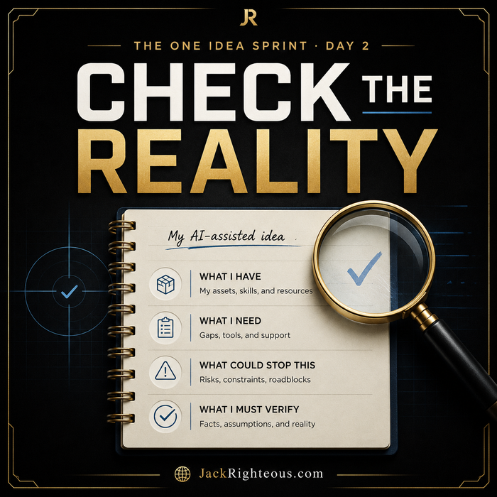 Promotional graphic for 'Check the Reality' from The One Idea Sprint with a magnifying glass and notebook on a dark background.