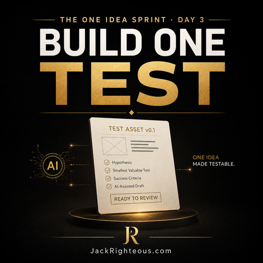 Promotional graphic for 'Build One Test' with a test asset document on a dark background, featuring the text 'The One Idea Sprint Day 3' and 'JackRighteous.com'.
