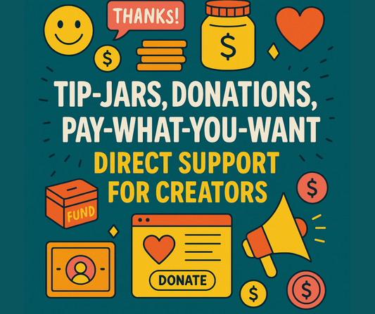 Cover showing donation icons, tip jars, hearts, coins, and JR branding for a creator guide on tip-jars and pay-what-you-want monetization.