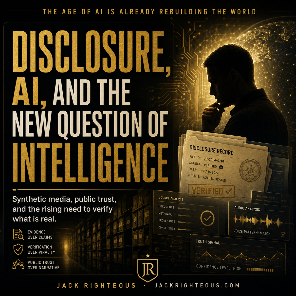 Promotional graphic for 'Disclosure, AI, and the New Question of Intelligence' by Jack Righteous with a silhouette of a person and text overlay.