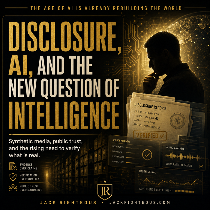 Promotional graphic for 'Disclosure, AI, and the New Question of Intelligence' by Jack Righteous with a silhouette of a person and text overlay.