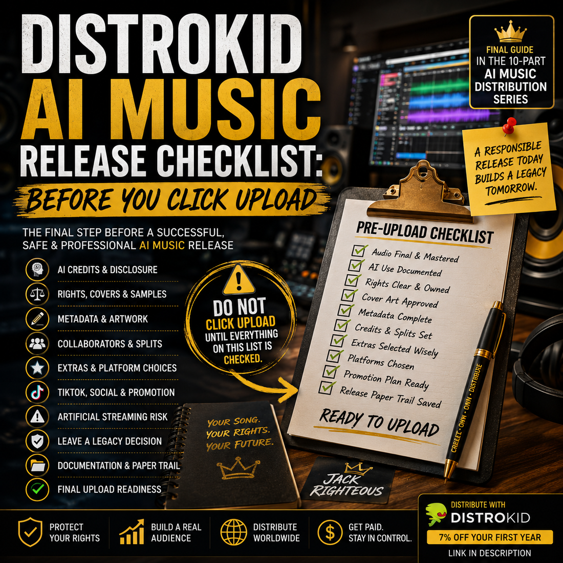DistroKid AI music release checklist covering rights, metadata, files and proof to review before upload