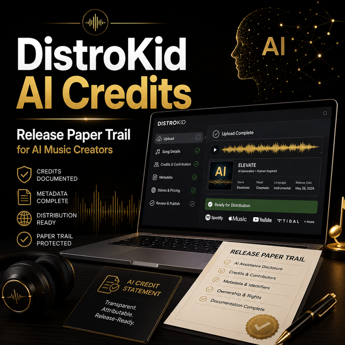  Laptop displaying DistroKid AI Credits with a focus on music creation tools.