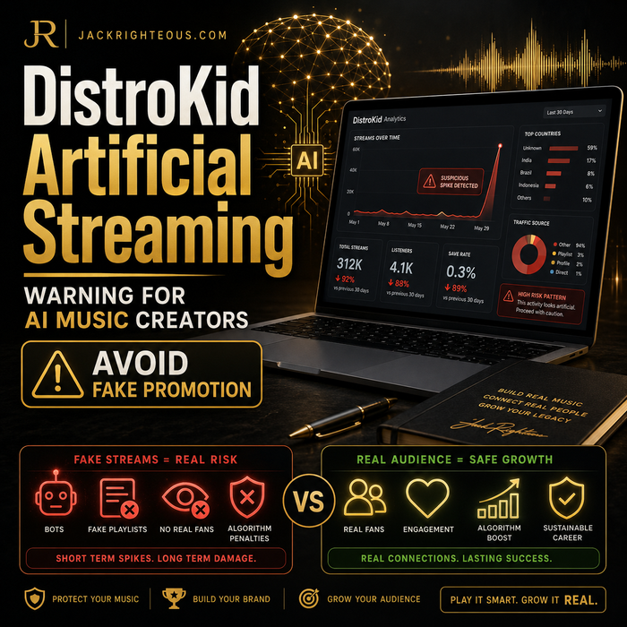 Laptop displaying AI music streaming platform with promotional text and graphics.