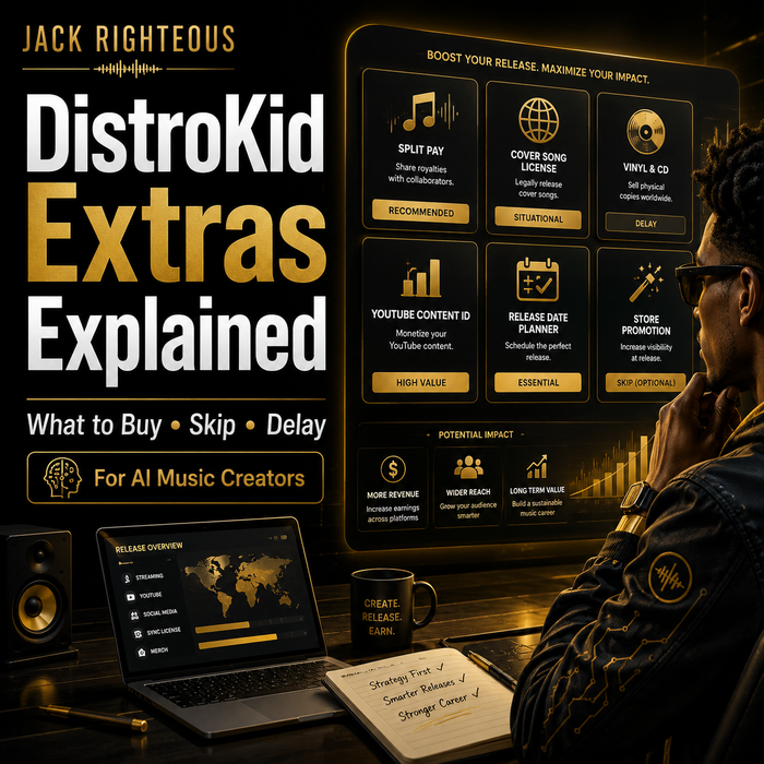 Man sitting at a desk with laptop and mug, looking at a screen with 'DistroKid Extras Explained' text.