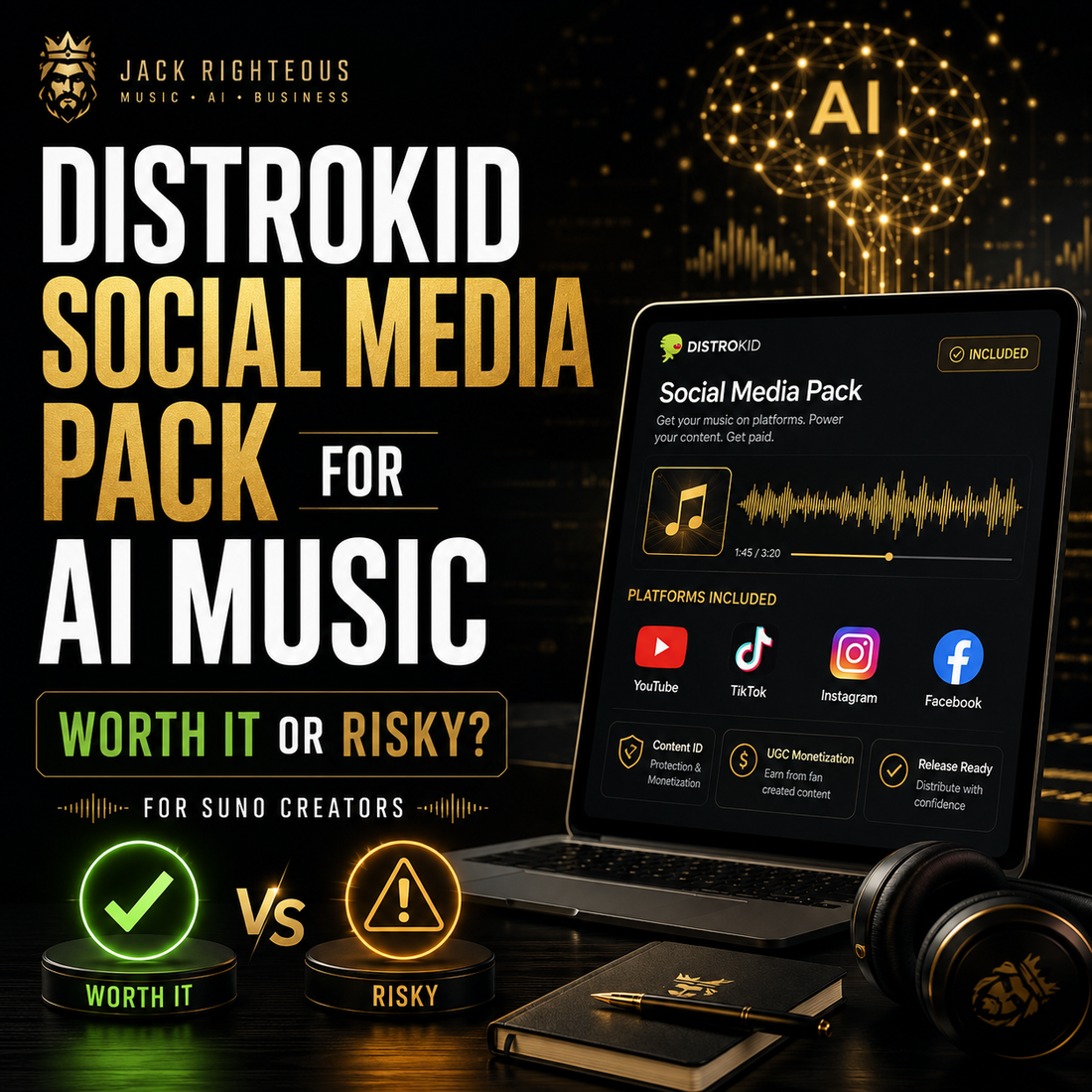 Promotional image for Distrokid Social Media Pack for AI Music with laptop and headphones on a dark background.