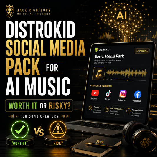 Promotional image for Distrokid Social Media Pack for AI Music with laptop and headphones on a dark background.