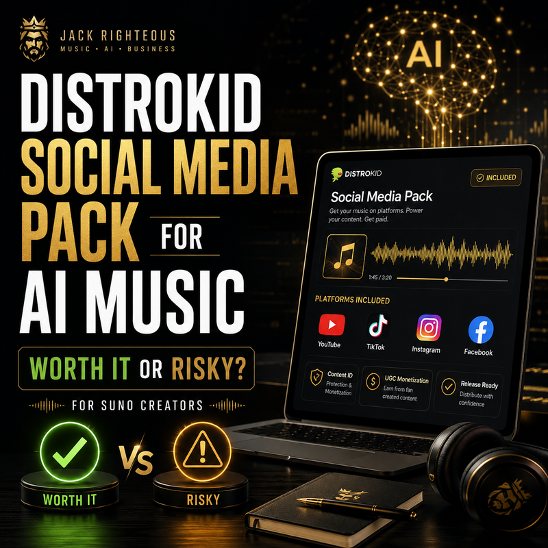 Promotional image for Distrokid Social Media Pack for AI Music with laptop and headphones on a dark background.