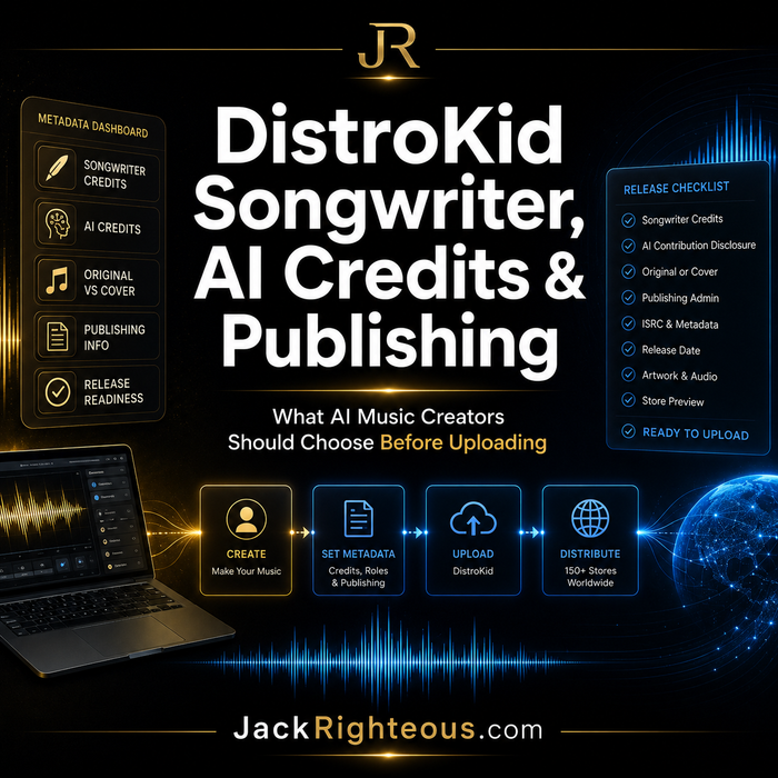 Promotional graphic for DistroKid Songwriter, AI Credits & Publishing with laptop and interface elements on a dark background.