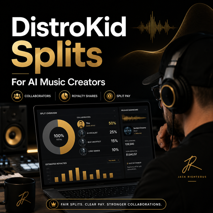 Person wearing headphones looking at a laptop with DistroKid Splits for AI Music Creators on screen.