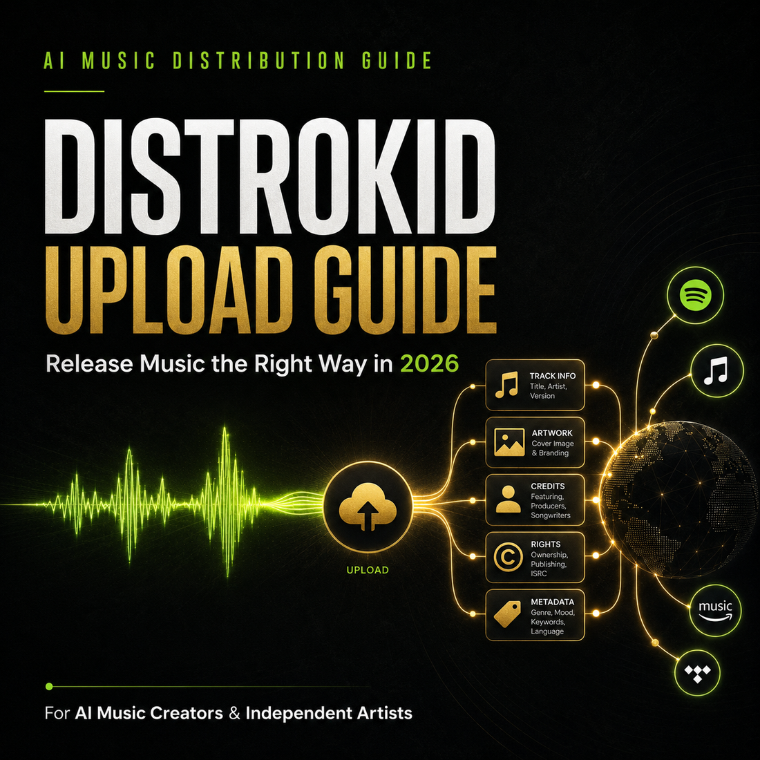 DistroKid upload guide cover showing AI music release workflow, metadata, rights, credits, and streaming distribution.