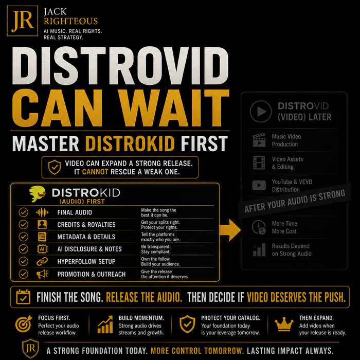 Promotional graphic for Distrovid and Distrokid with text and icons on a black background