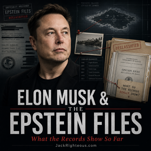 Promotional graphic for 'Elon Musk & The Epstein Files' with a man in a black shirt and text overlay.