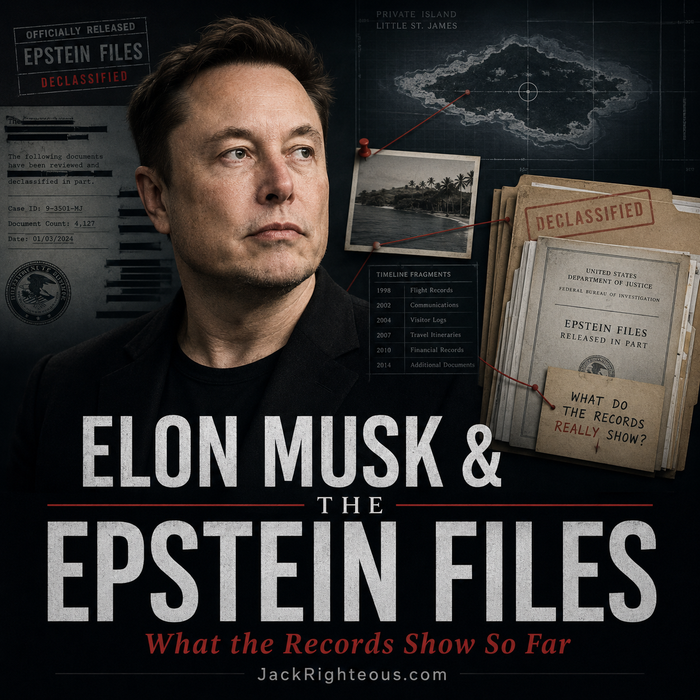 Editorial graphic about Elon Musk and the Epstein files using document-style imagery and headline text.