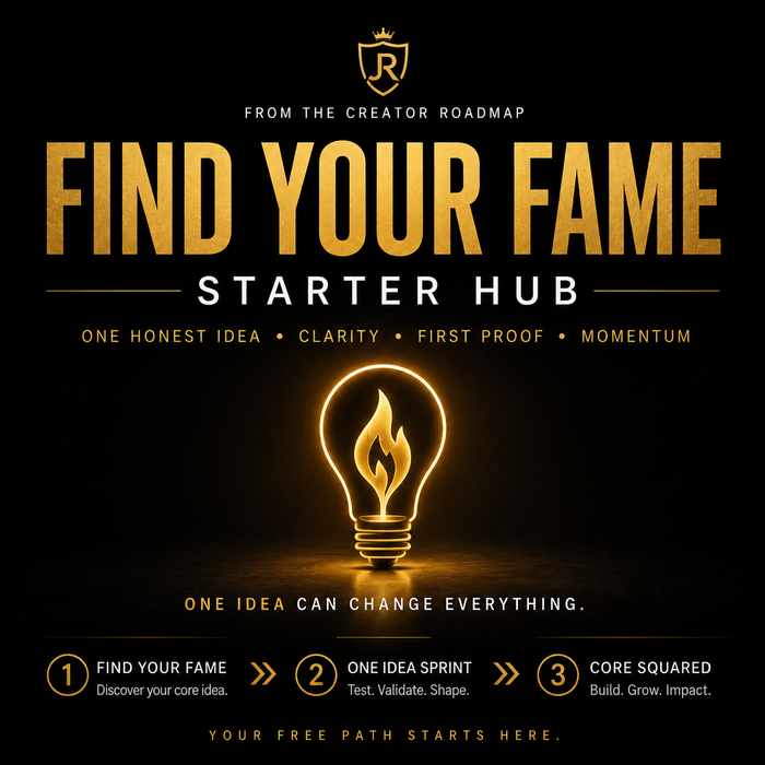 Promotional graphic for 'Find Your Fame Starter Hub' with a light bulb icon on a dark background.