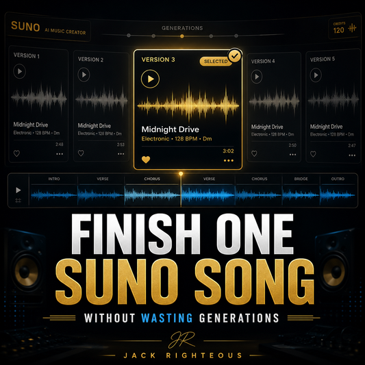 Music production software interface with sound waveforms and text about music creation.