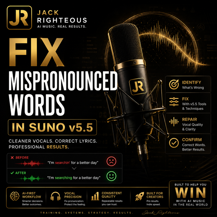 Microphone with JR logo on a dark background, featuring text about AI music correction tools.