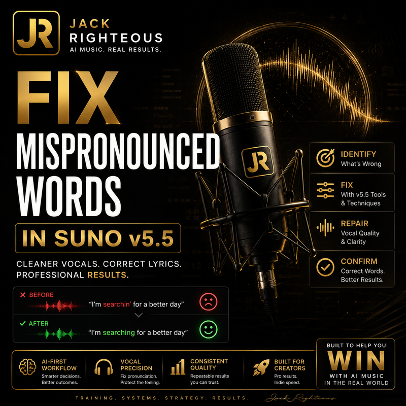 Microphone with JR logo on a dark background, featuring text about AI music correction tools.