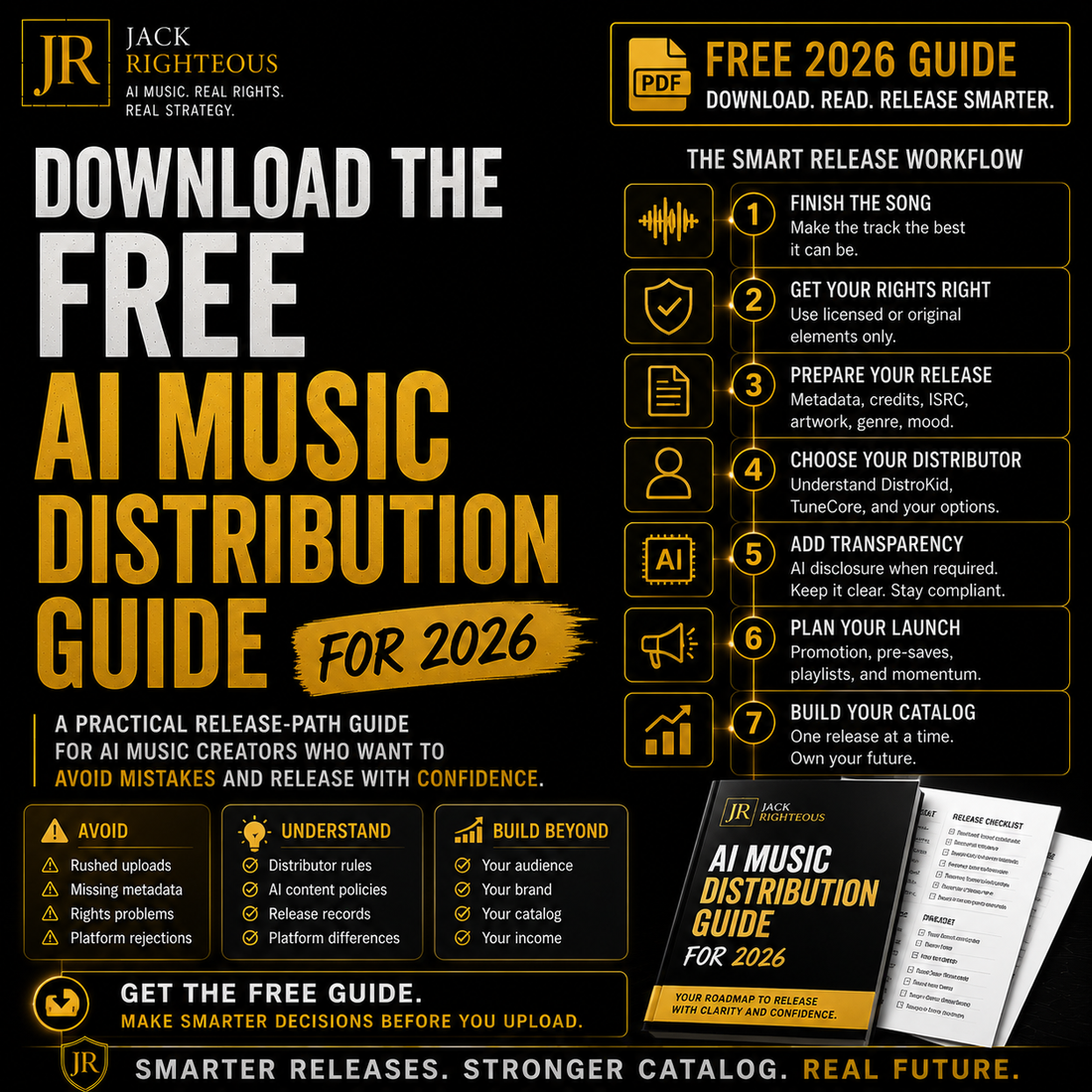 Promotional graphic for a free AI music distribution guide with text and icons on a black background.