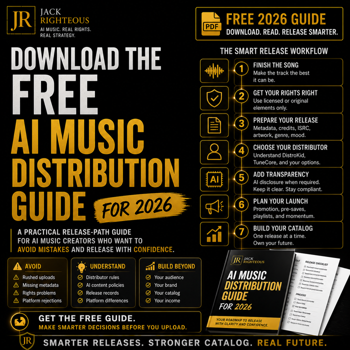 Promotional graphic for a free AI music distribution guide with text and icons on a black background.