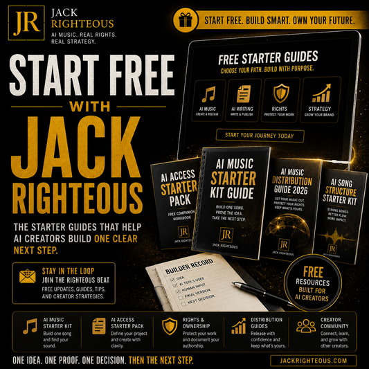 Promotional graphic for Jack Righteous AI services with text and product images on a black background.