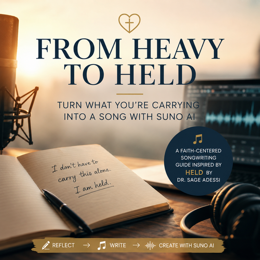 Warm faith-centered songwriting workspace with an open journal, microphone, headphones, and Suno AI music project, promoting a guide inspired by Held by Dr. Sage Adessi.