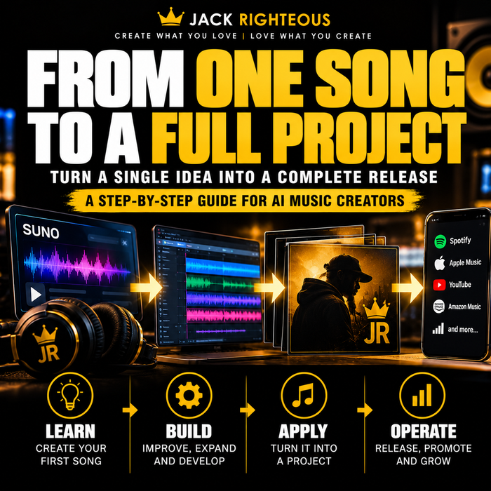 Jack Righteous guide cover about turning one AI-generated song into a larger creative project.
