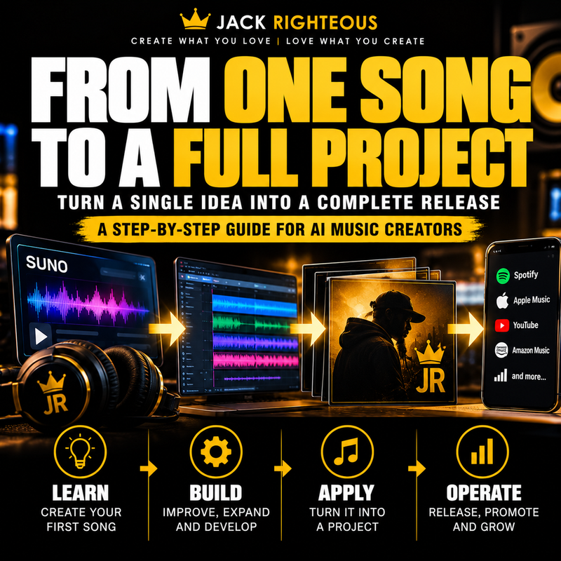 Jack Righteous guide cover about turning one AI-generated song into a larger creative project.